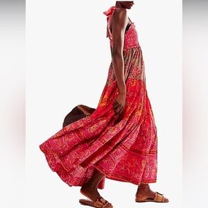 NWOT Bohemian Red and Pink Maxi Tiered Dress Smocked Top size Small